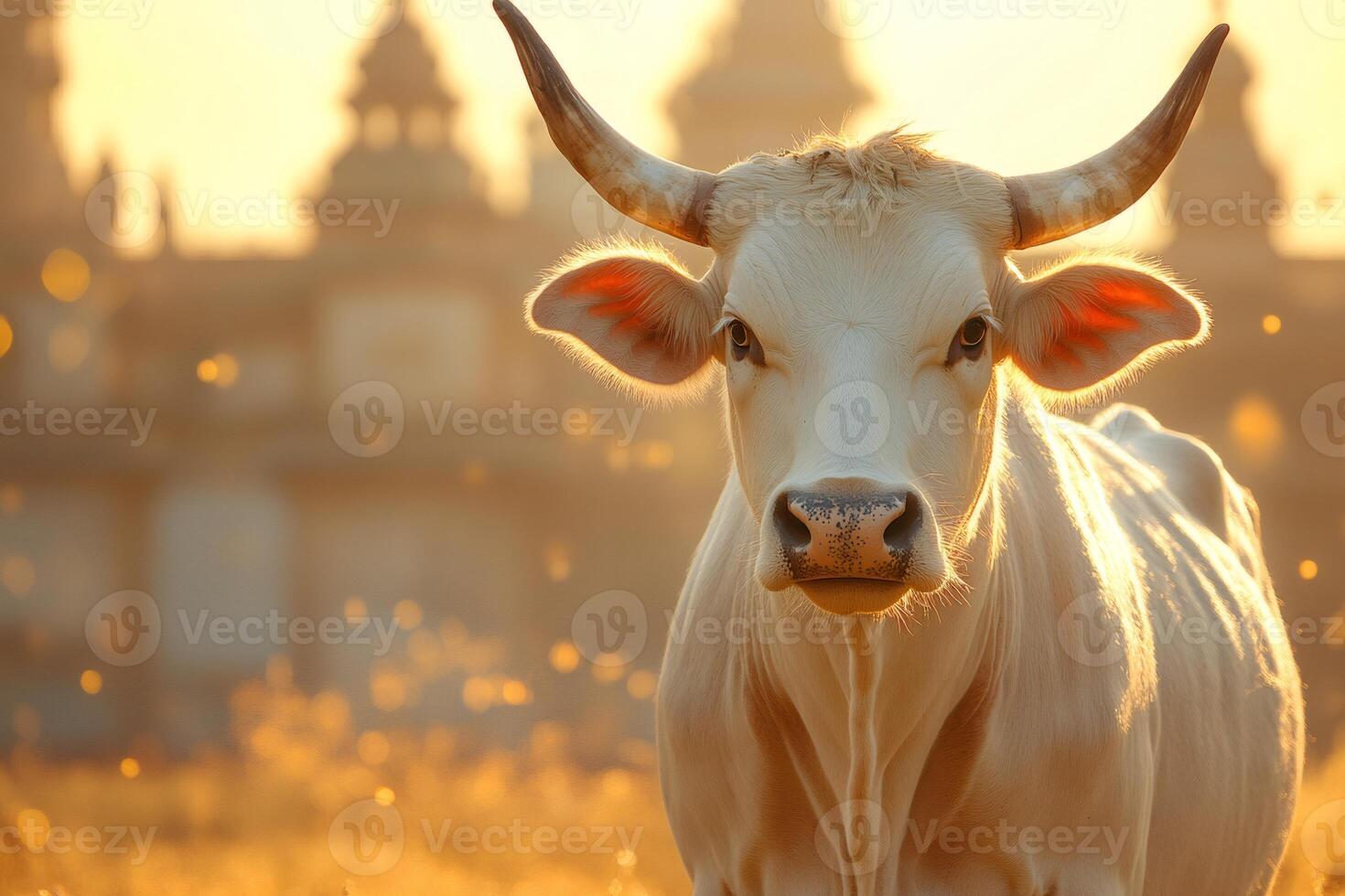 White cow posing in a golden field at sunset near an indian temple photo