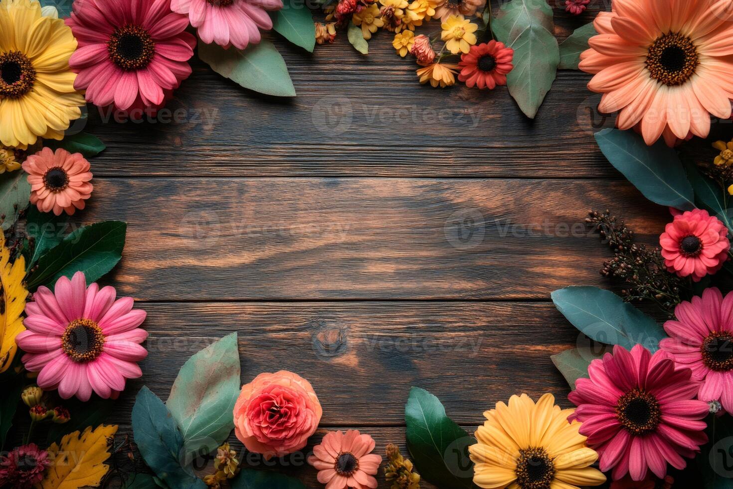 Colorful flowers and leaves framing rustic wooden background photo