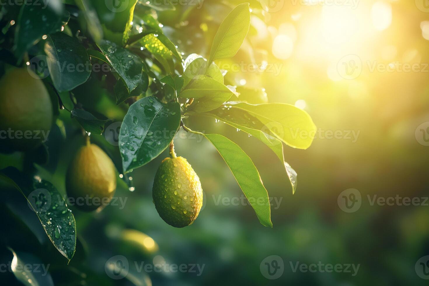 Fresh green lemons growing on tree at sunset with water drops photo