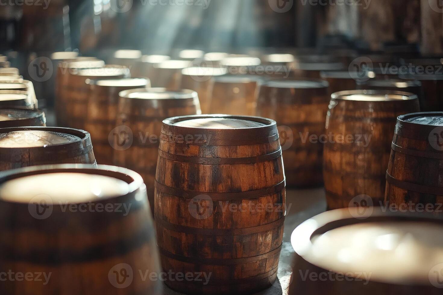 Wine or whiskey aging in oak barrels in cellar or winery warehouse photo