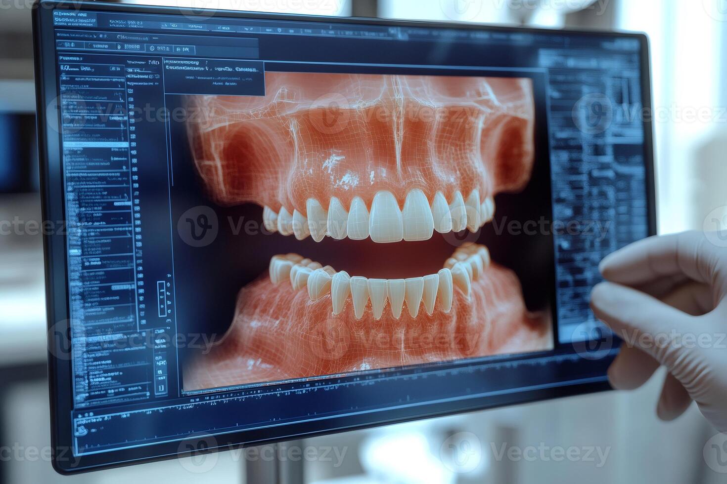 Dentist using software showing 3d scan of teeth and gums on computer screen photo