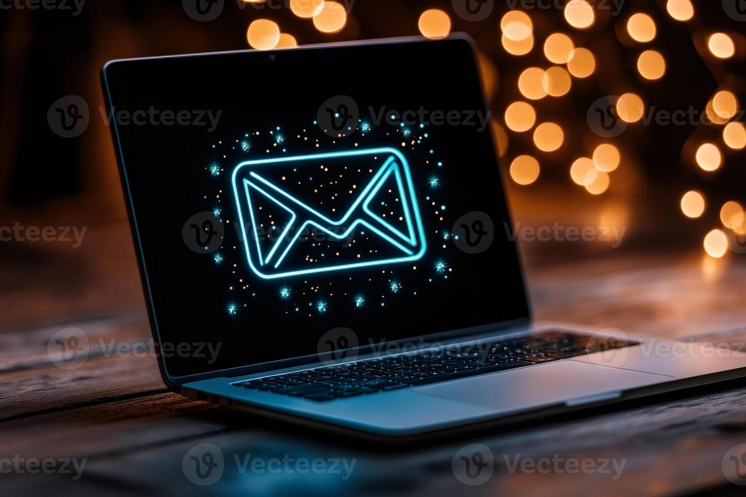 Laptop showing email icon with festive lights in background photo