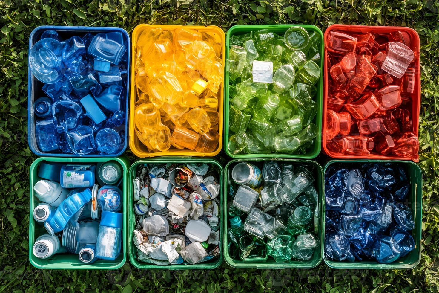 Colorful containers filled with sorted plastic waste promote recycling and environmental sustainability photo