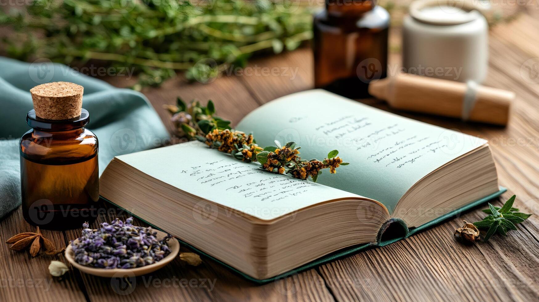 Open book with dried herbs and essential oil recipes on rustic wooden table photo