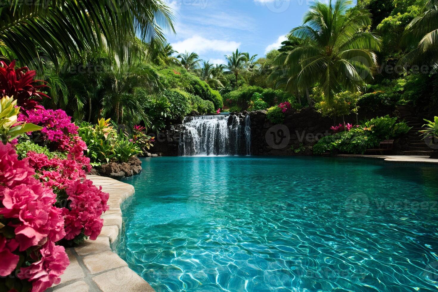 Tropical resort pool with waterfall cascading into turquoise water photo