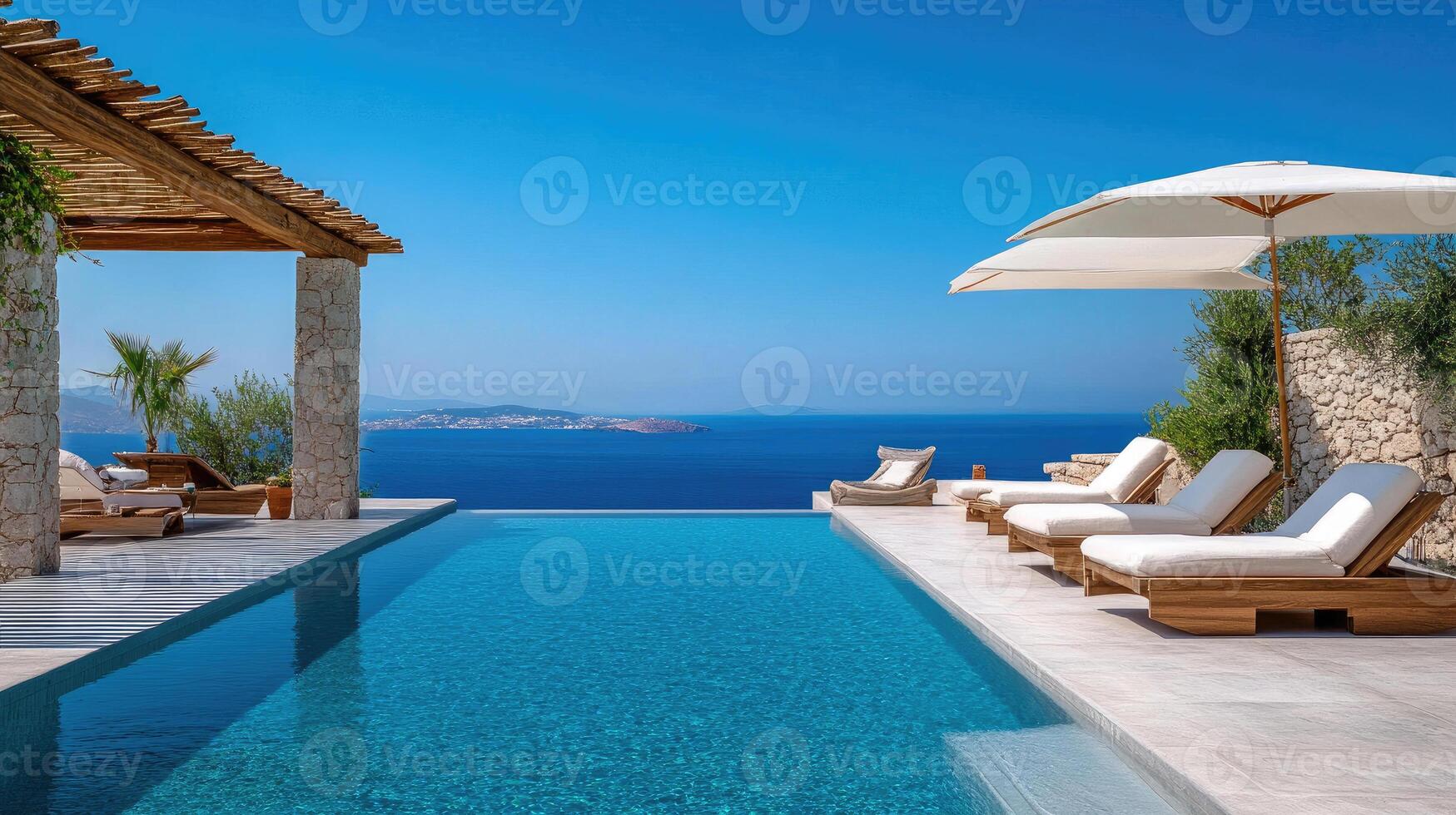 Infinity pool overlooking tranquil ocean in luxurious resort. . photo