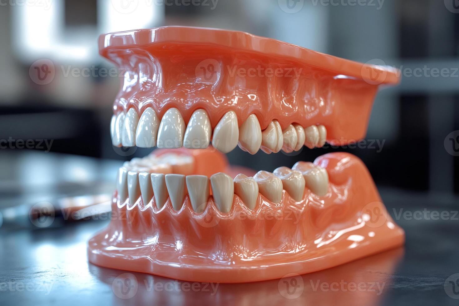 Anatomical model of human jaw showing teeth and gums in a dental clinic photo