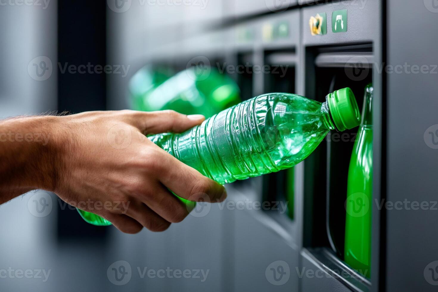Person recycling plastic bottle in reverse vending machine photo