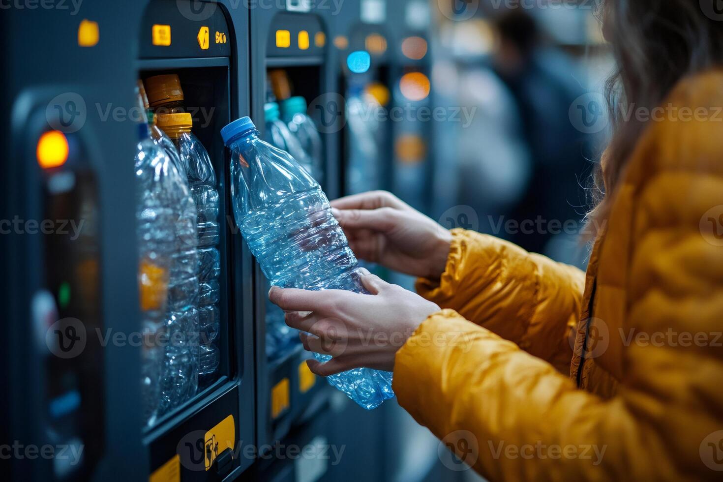 Woman recycling plastic bottles in reverse vending machine photo