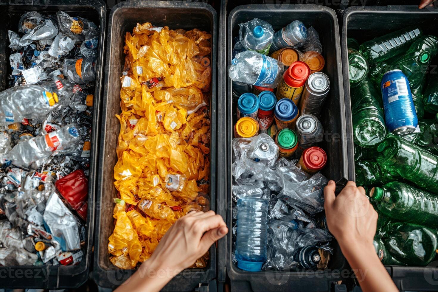 Volunteer sorting plastic and metal containers for recycling in different bins photo