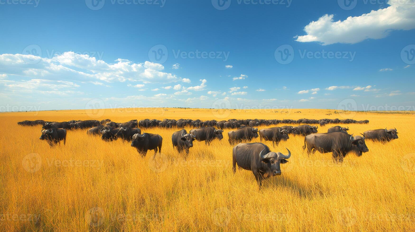 Large group of wild buffaloes enjoying dry grass in sunny african savanna photo