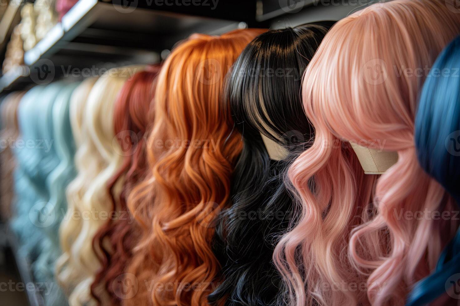 Colorful wigs hanging in a store displaying variety of styles and colors photo