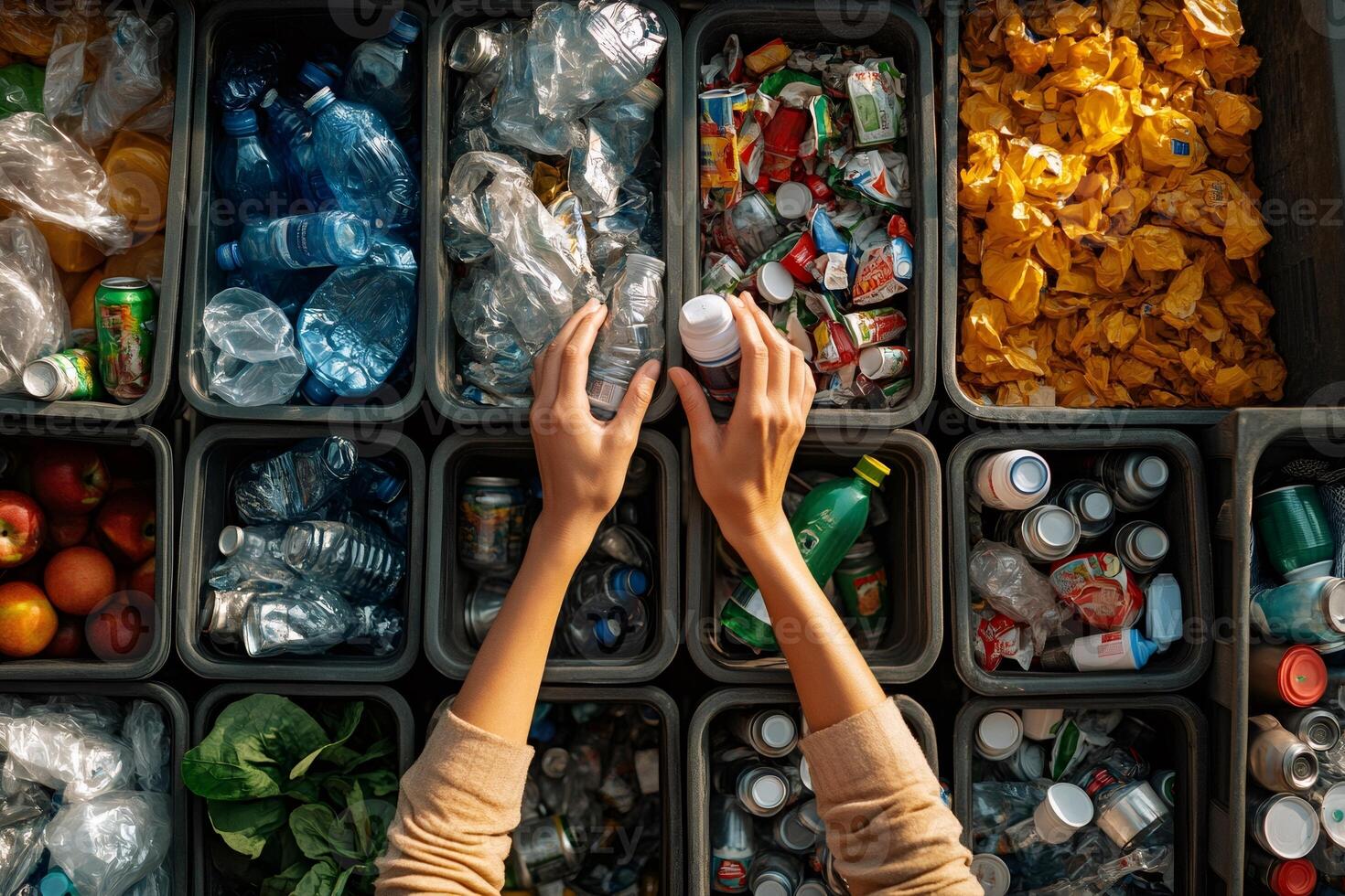 Volunteer sorting plastic, metal, paper and food waste for recycling photo