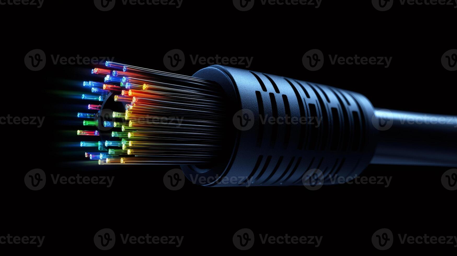 Fiber optic cable transmitting data with colorful light beams on black background photo