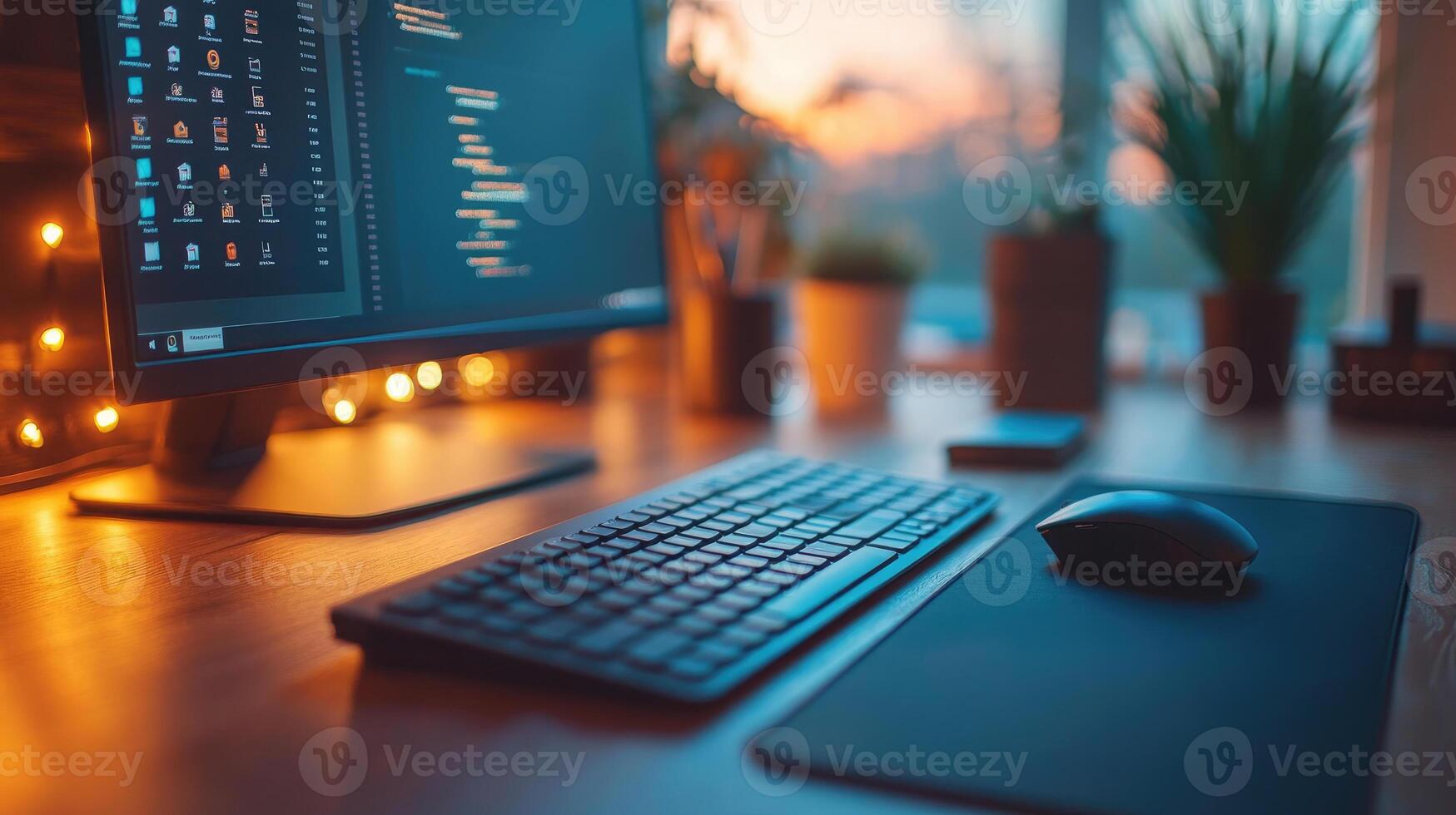 Modern home office setup displaying code on monitor at sunset photo