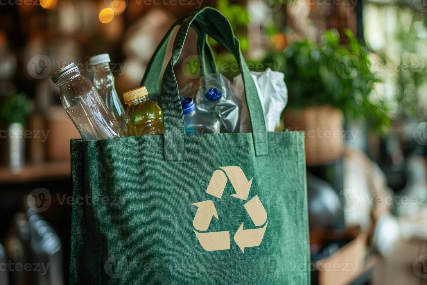 Green reusable shopping bag filled with recyclable items promoting environmental awareness photo