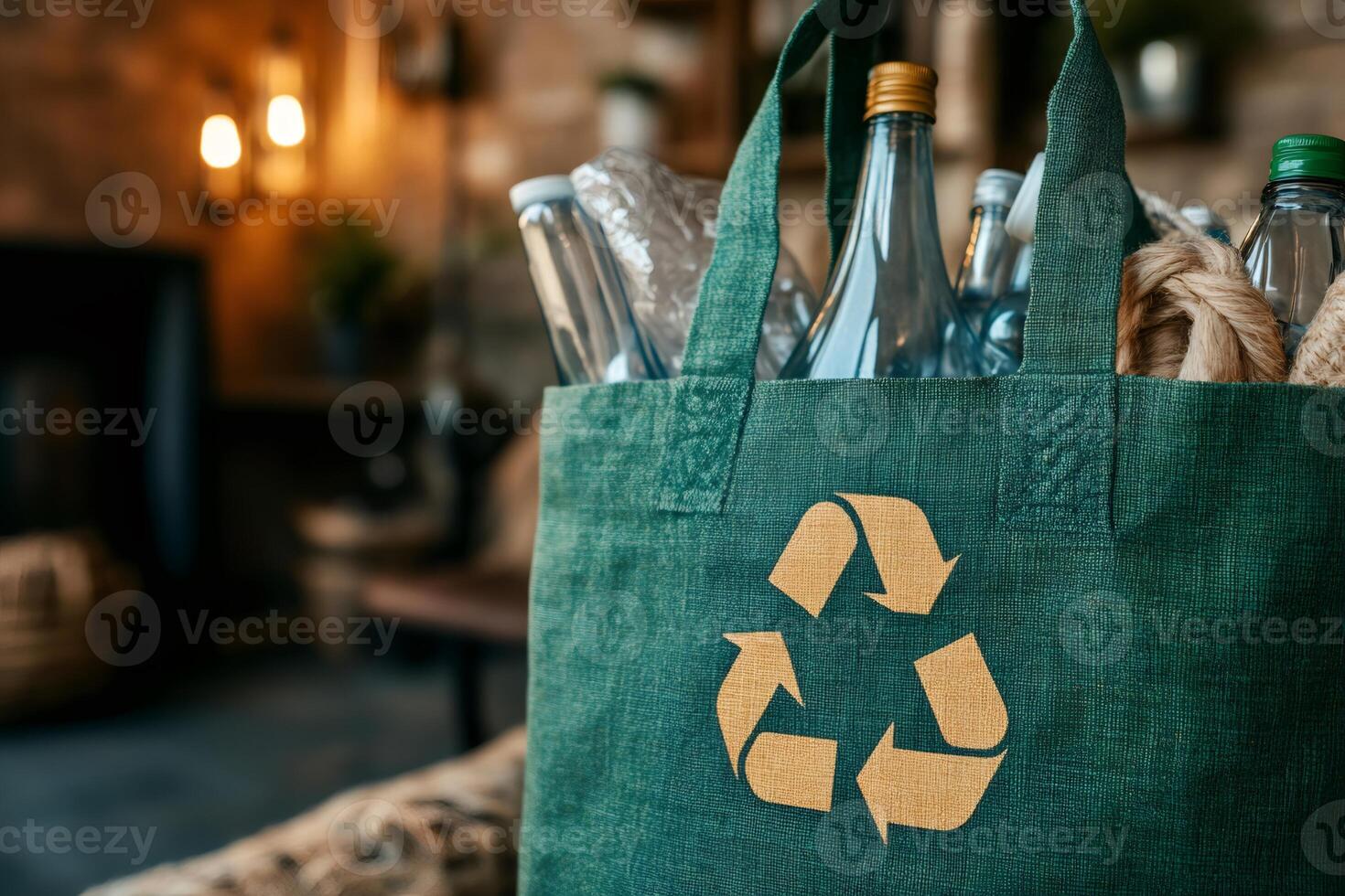 Green recycling bag filled with empty glass bottles and plastic promoting environmental awareness photo