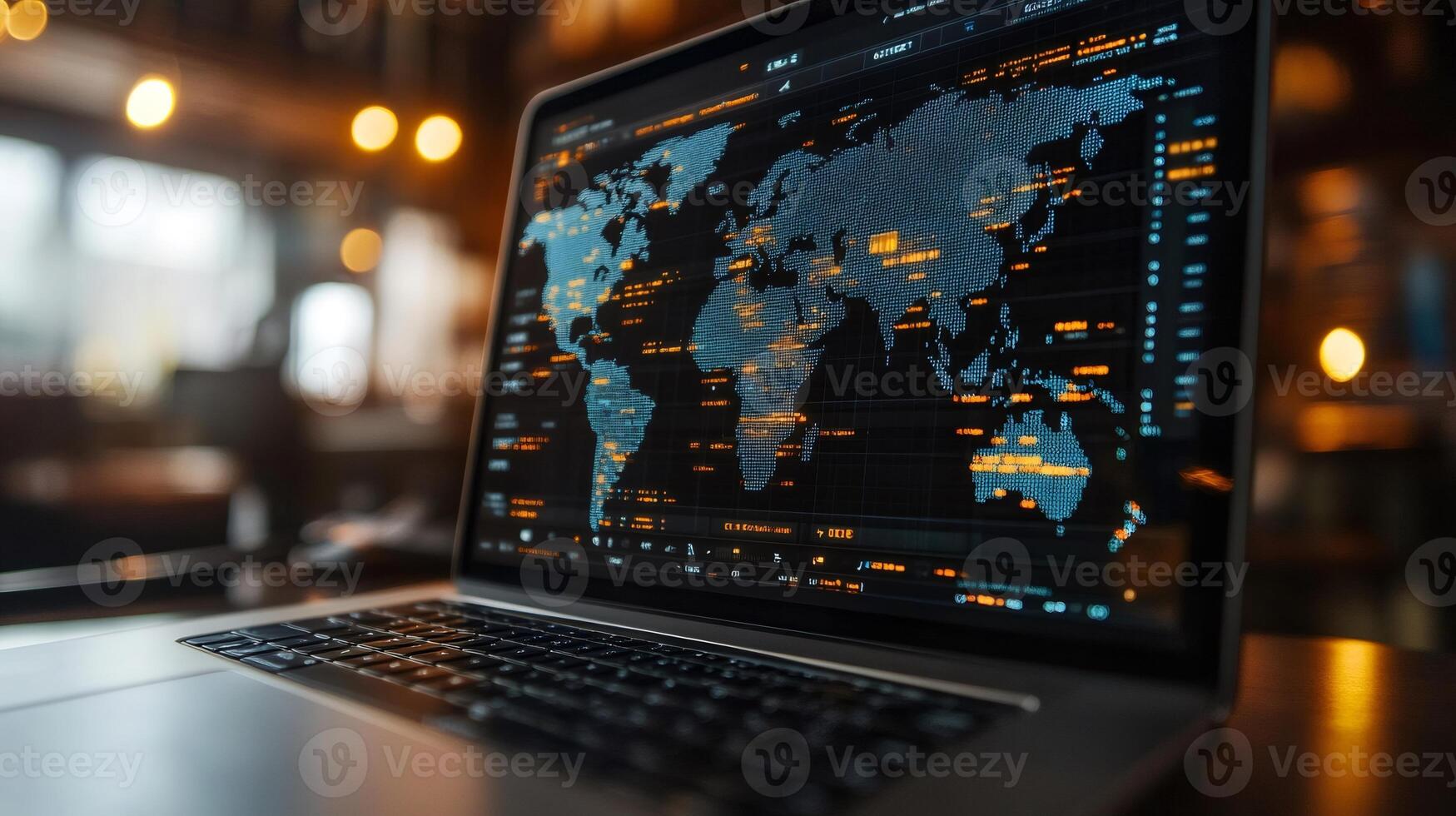 Laptop showing world map with data analysis in blurred background photo