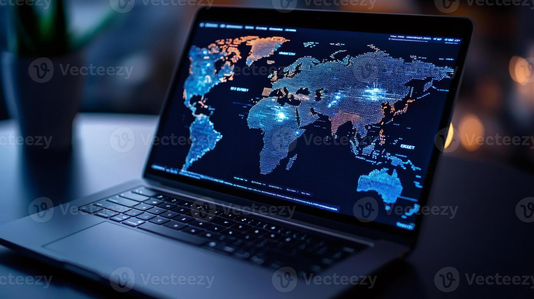 Modern laptop showing world map with data points visualizing global connections photo