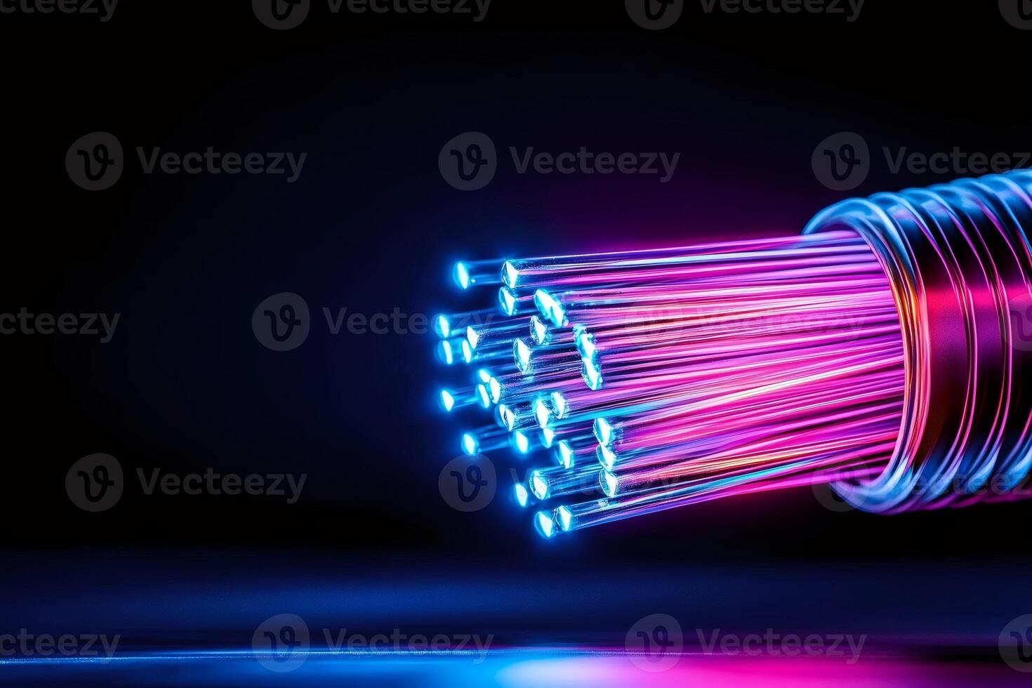Fiber optic strands glowing with neon light, transmitting data at high speed photo