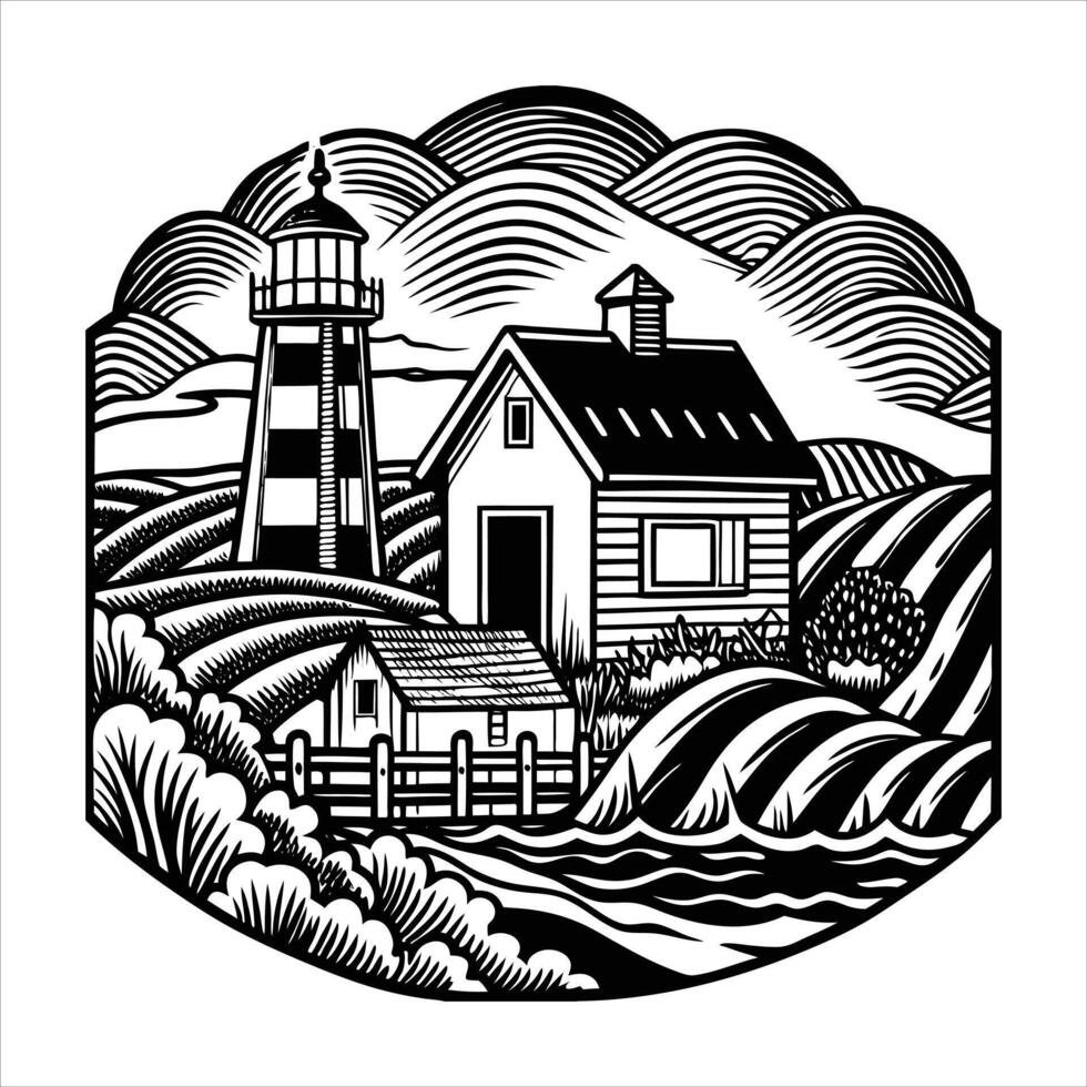 Lighthouse and Farm in Countryside vector