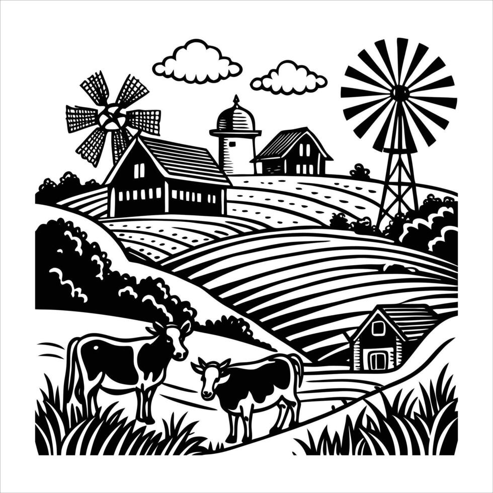 Windmill On Rolling Hills vector