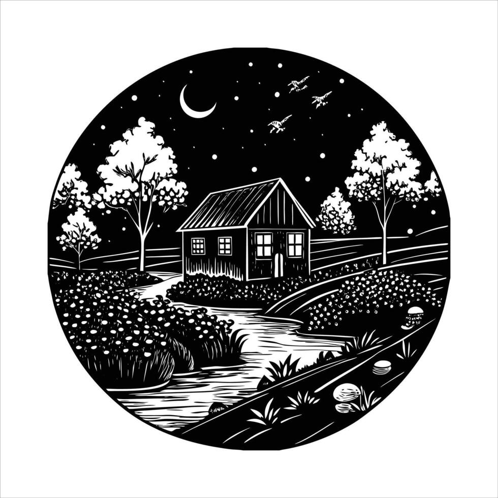 A cabin nestled in a field with vector