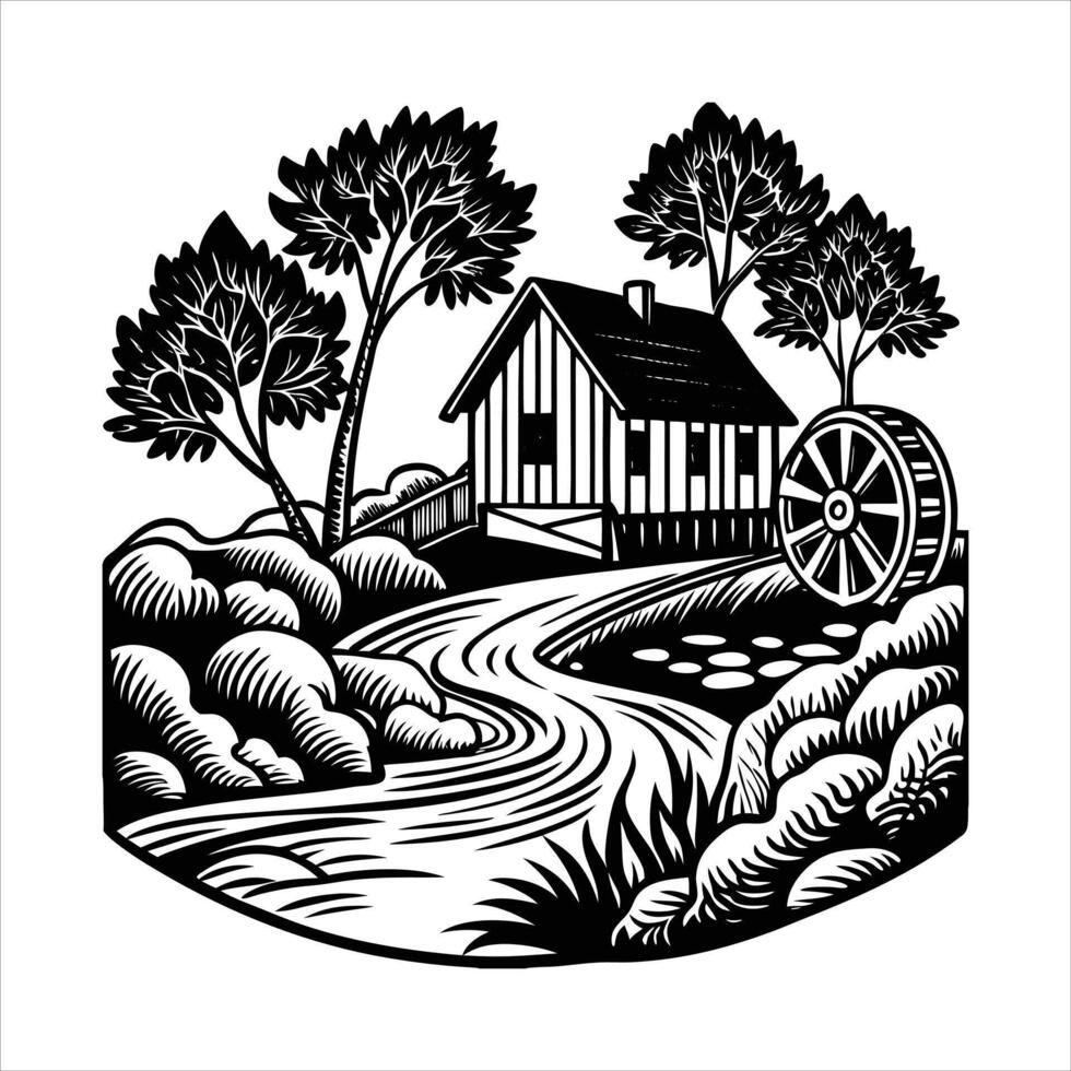 Water Wheel Landscape vector