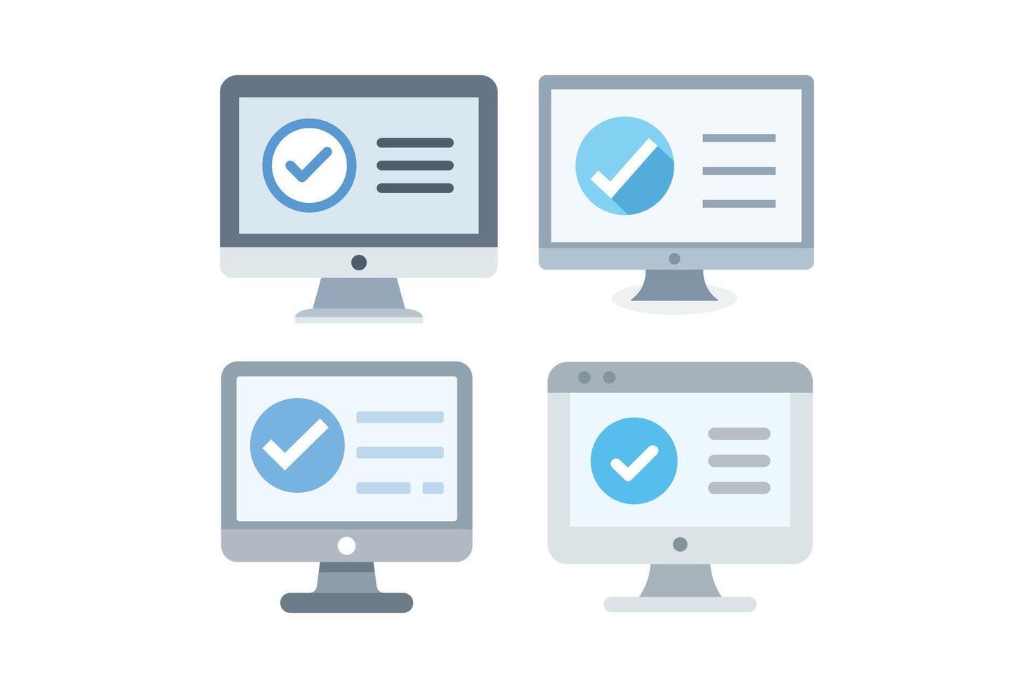 Computer screen displaying green check mark icons for approval, computer check mark icon, approval check mark, verified check icon, PC verification vector