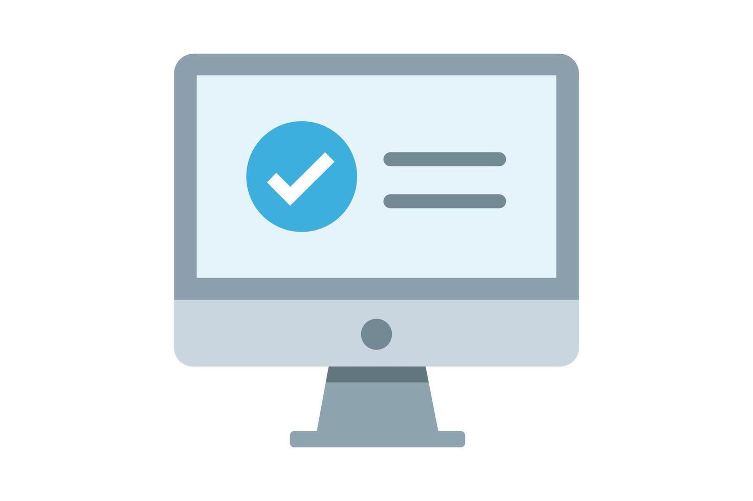Verified approval check mark icon on desktop monitor, computer check mark icon, approval check mark, verified check icon, PC verification vector