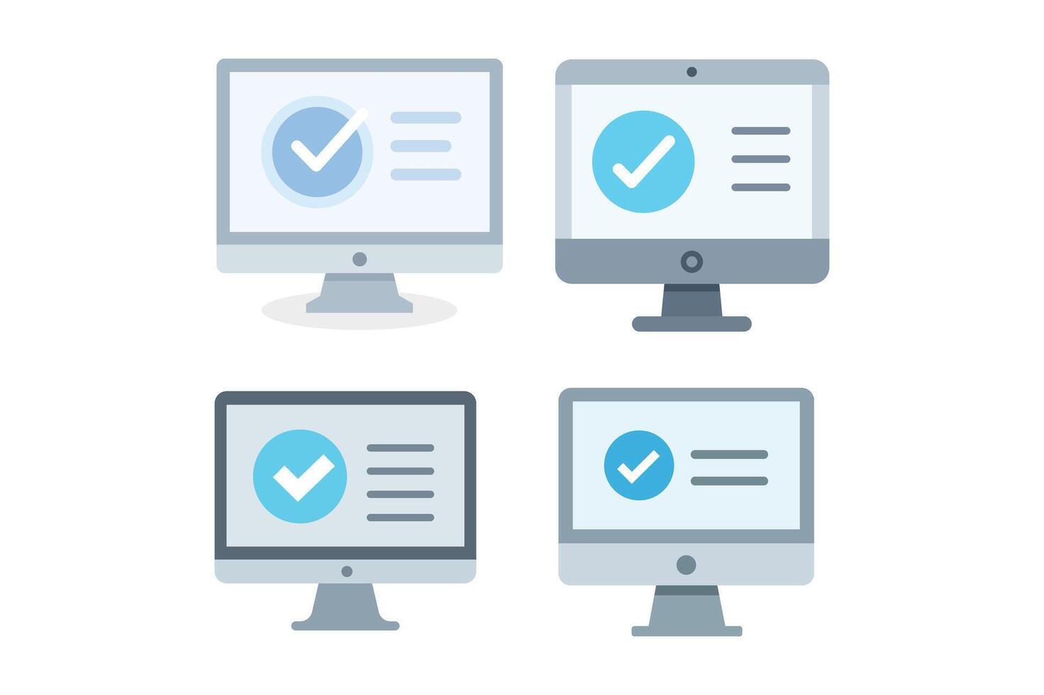Computer screen showing verified check mark symbol Sets, computer check mark icon, approval check mark, verified check icon, PC verification vector