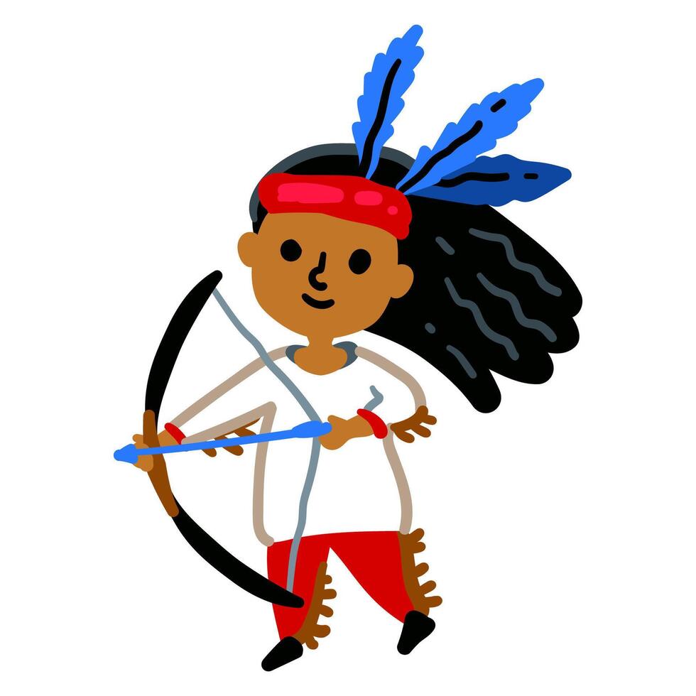 American Indian with a bow and arrow. National costume - headdress made of feathers. Bright color illustration isolated on a white background. Native Americans vector