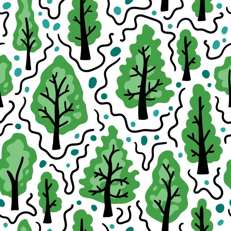 Bright forest cartoon seamless pattern. Nature cheerful children trees background. For children's textiles, hand-drawn for babies. Northern spring forest vector