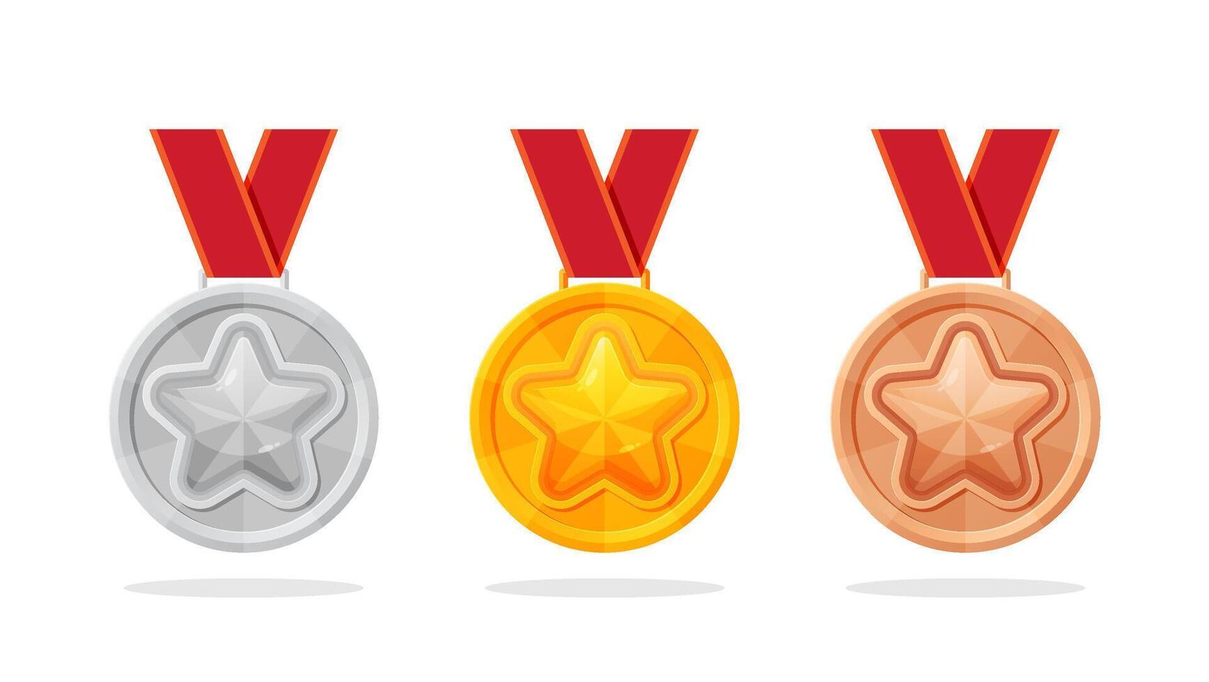 Gold, silver, and bronze medal icons. First, second, and third place awards with red ribbons. Winner trophy design. vector