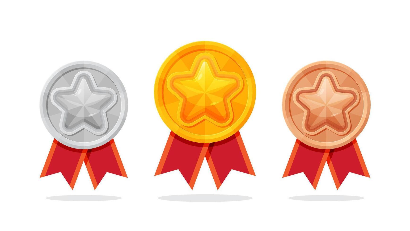 Gold, silver, and bronze medal icons. First, second, and third place awards with red ribbons. vector