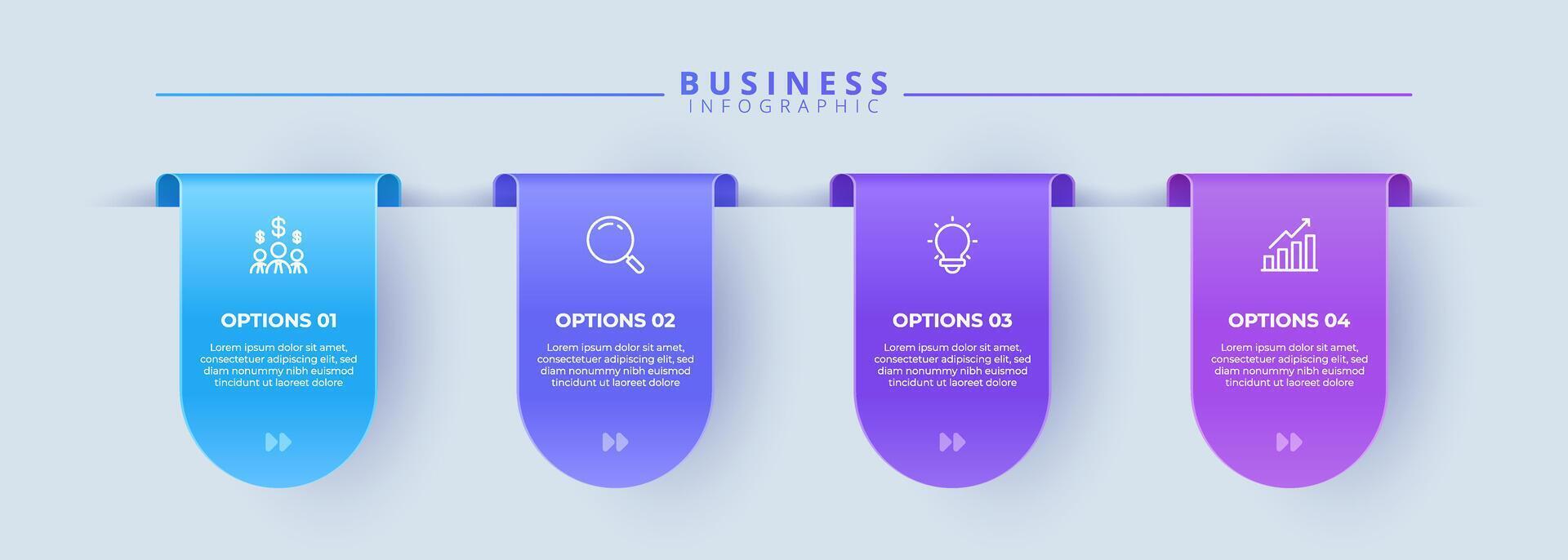 Infographic template featuring 4 steps with icons, designed for business concepts. Ideal for presentations, banners, workflow layouts, process diagrams vector