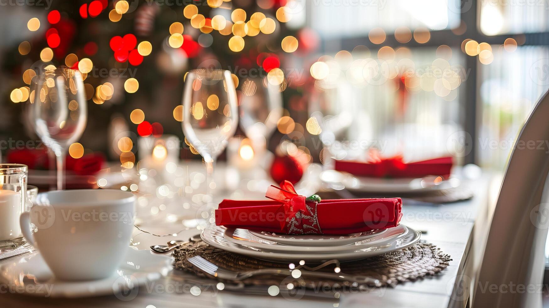 Elegant holiday table setting with festive decorations and sparkling lights photo