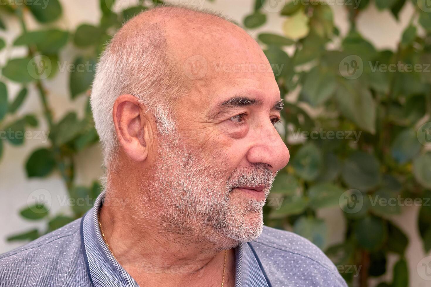 Outdoor shot of a confident older man with serene expression and beard. photo
