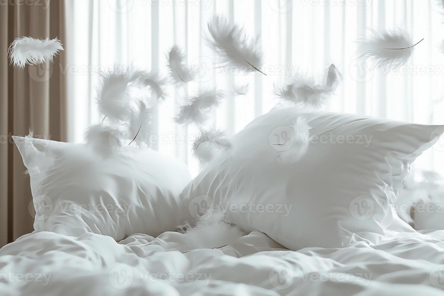 White feathers and colorful pillows in motion for a festive party photo