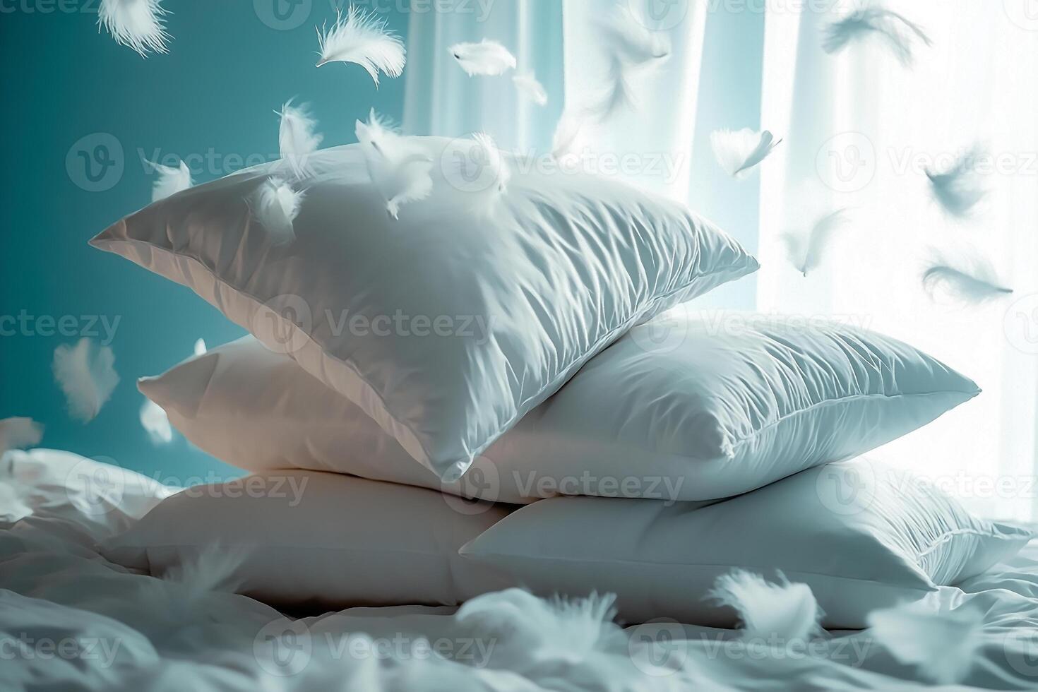 Soft white pillows with feathers flying during a playful pillow fight scene photo