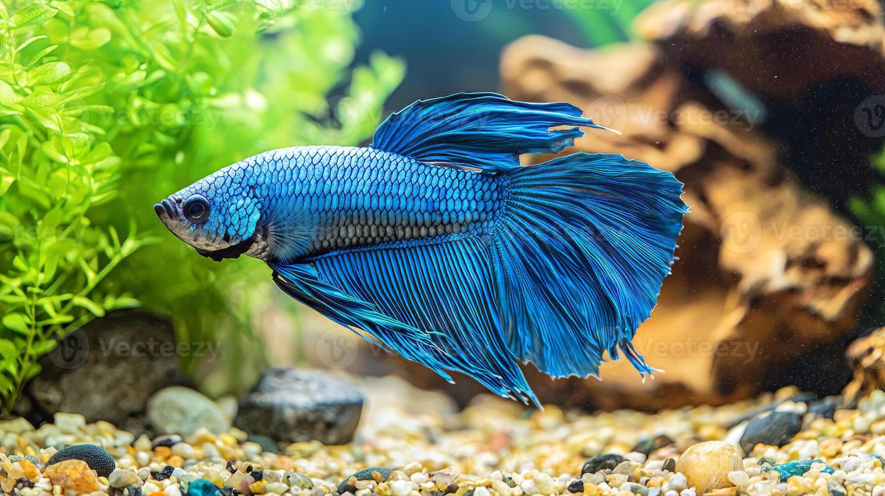 Close-up of a majestic betta fish with flowing fins in water photo