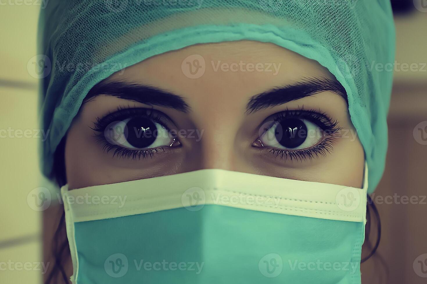 Close-up portrait of a nurse with a mask and captivating eyes photo