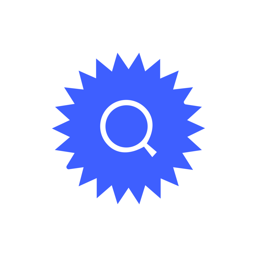 A blue starburst with a magnifying glass in the center flat png