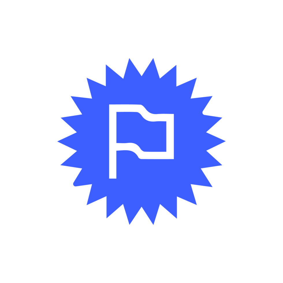 A blue flag with a starburst icon flat png