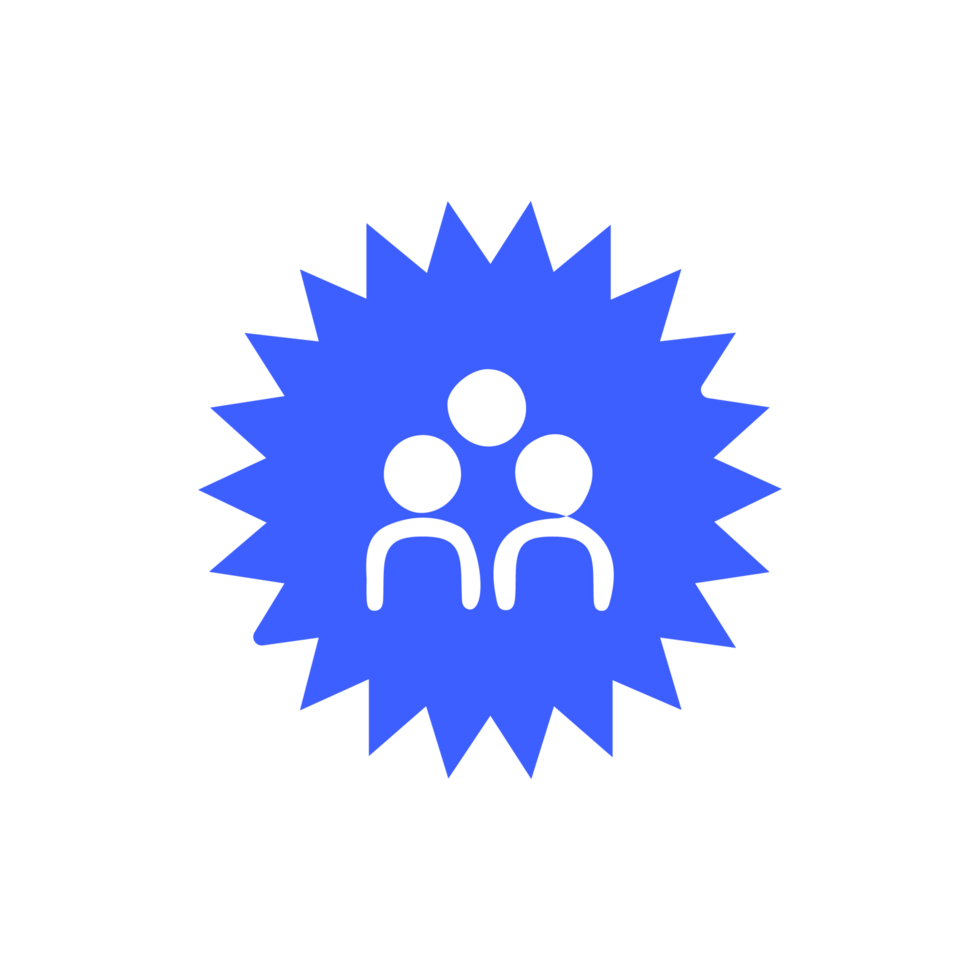 A blue starburst icon with three people in it flat png