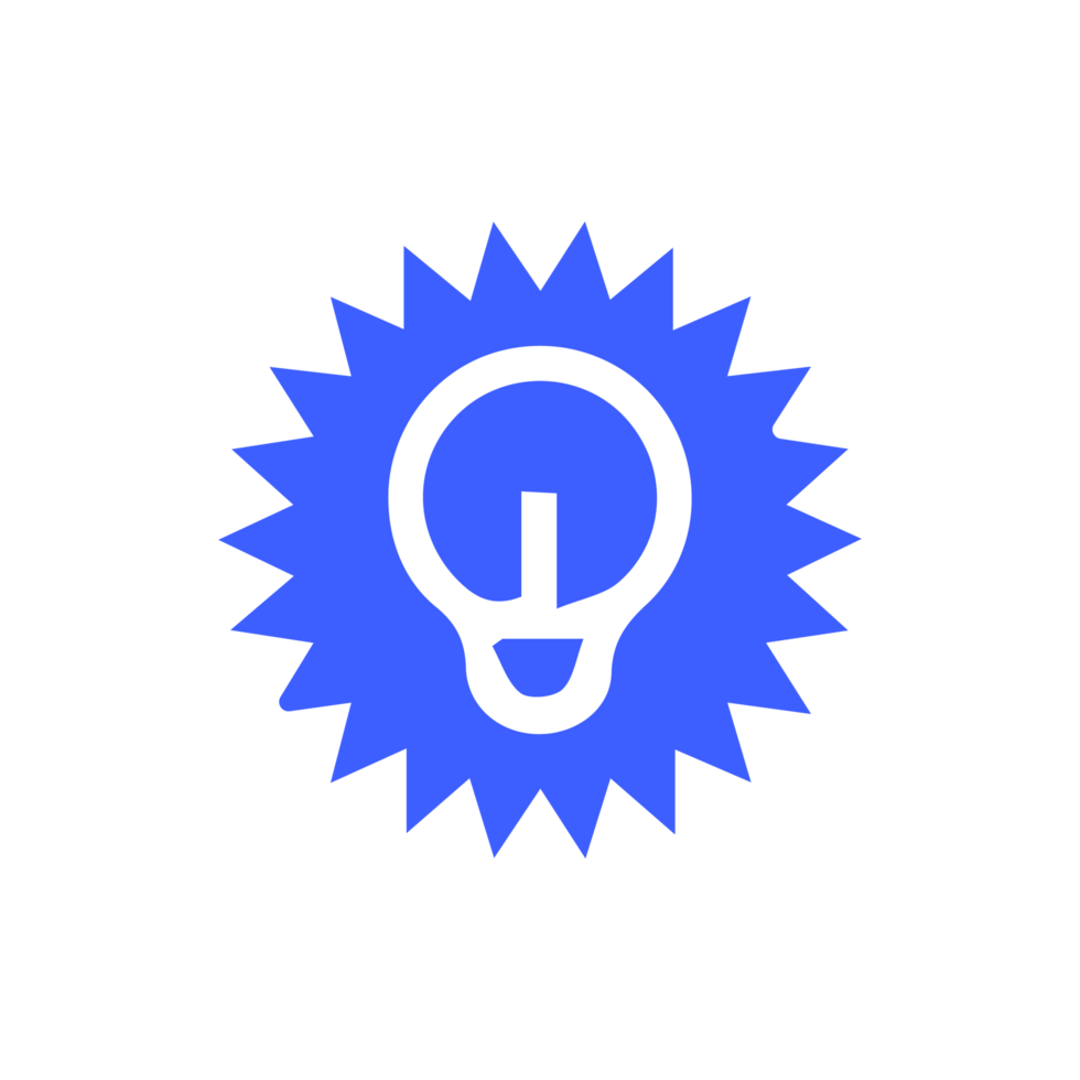 A blue light bulb with a starburst on it flat png