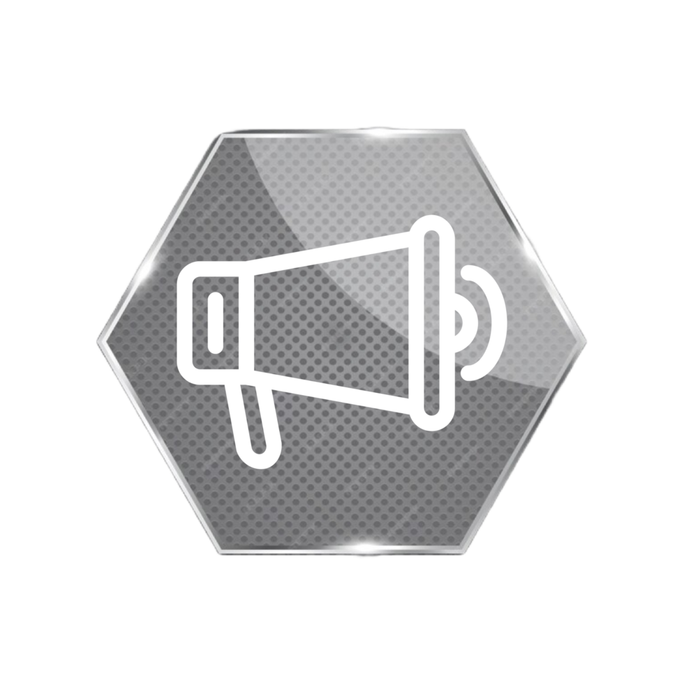Megaphone icon on a hexagonal button flat png