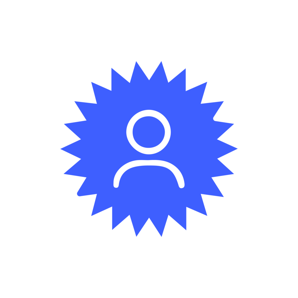 A blue starburst icon with a person in the center flat png