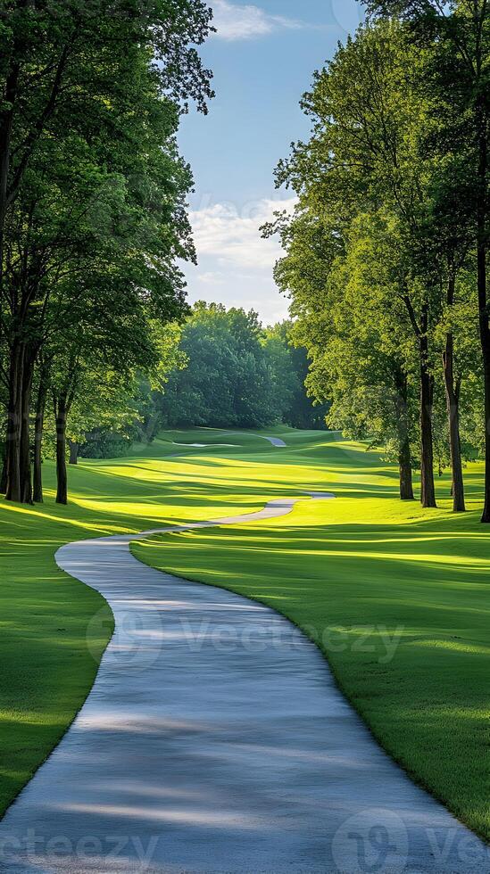 Scenic Golf Course Pathway with Lush Green Trees on a Sunny Day photo