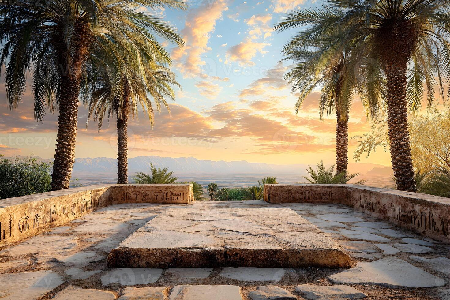 Majestic vista with carved podium palm trees and distant mountains photo